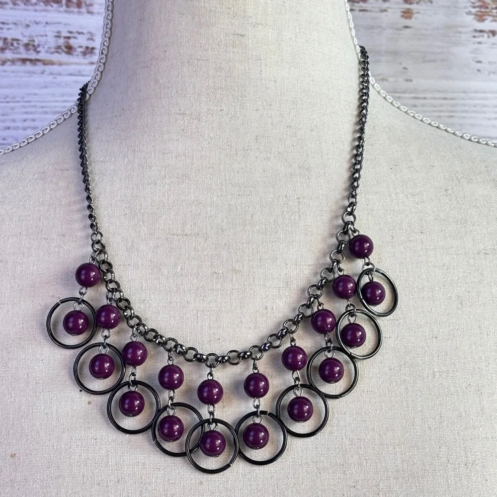Goth Grunge Vintage Bib Necklace Set Purple Gunmetal Metal Beads Witchy Alt